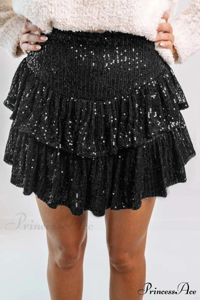 Mini Tiered Sequined Folded Skirt Black / S