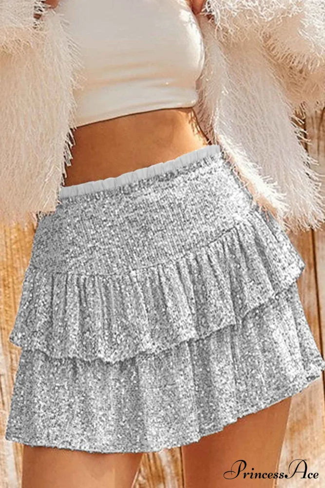 Mini Tiered Sequined Folded Skirt Silver / S