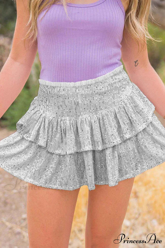 Mini Tiered Sequined Folded Skirt Silver / XS