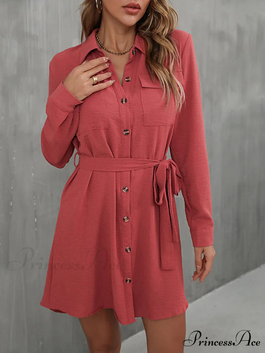 Mini Waist Collared With Tie Button Down for Gown Women Red / S