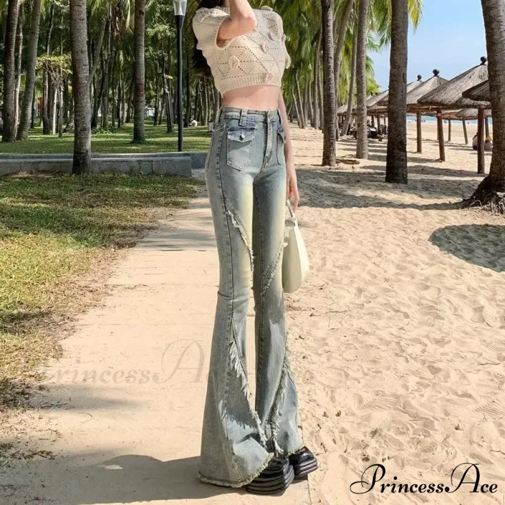 Minimalist Literary Versatile Japanese Dark Micro Flared High Waisted Fashion Jean Retro Blue / S