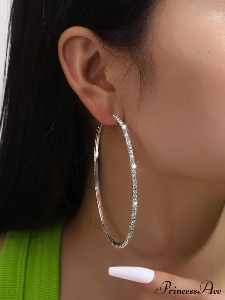 Minimalist Rhinestone Inlaid Chunky Hoop Earrings Silver / one-size