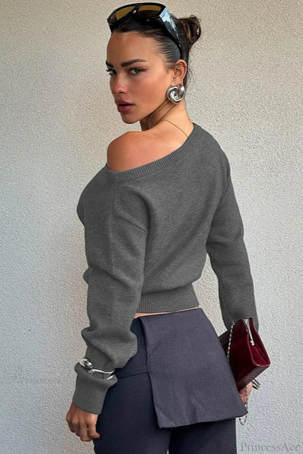 Minimalist Slim Asymmetrical Neck Long Sleeve Blouse