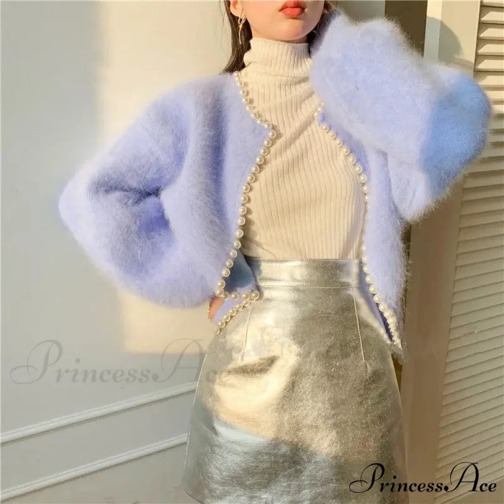 Mink Fleece Lantern Sleeve Cardigan Light Blue / One Size