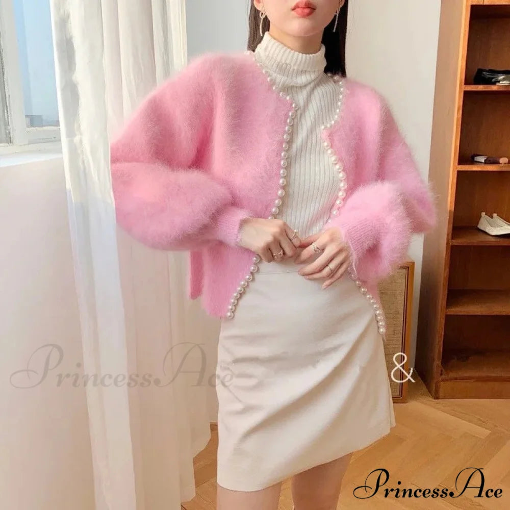 Mink Fleece Lantern Sleeve Cardigan Pink / One Size