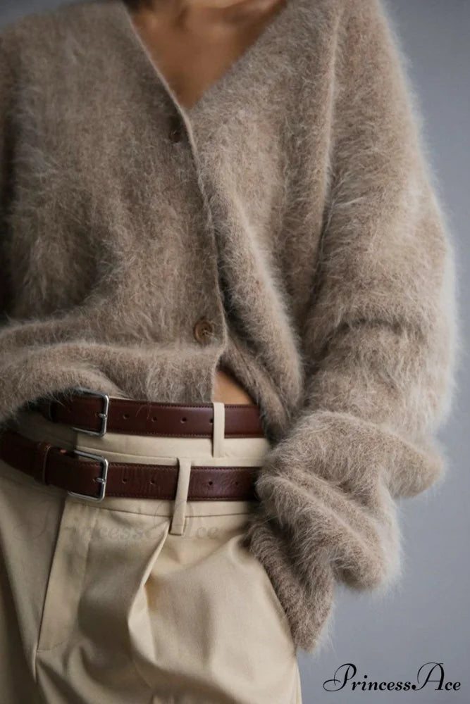 Mink Hair V Faux Neck Cardigan Khaki / L