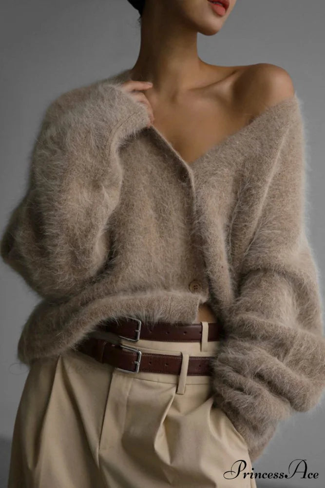Mink Hair V Faux Neck Cardigan Khaki / M