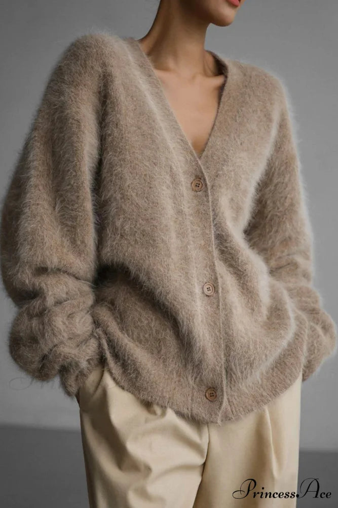 Mink Hair V Faux Neck Cardigan Khaki / S