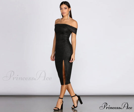 Misty Off Stylish Shoulder Glitter Dress BLACK / S