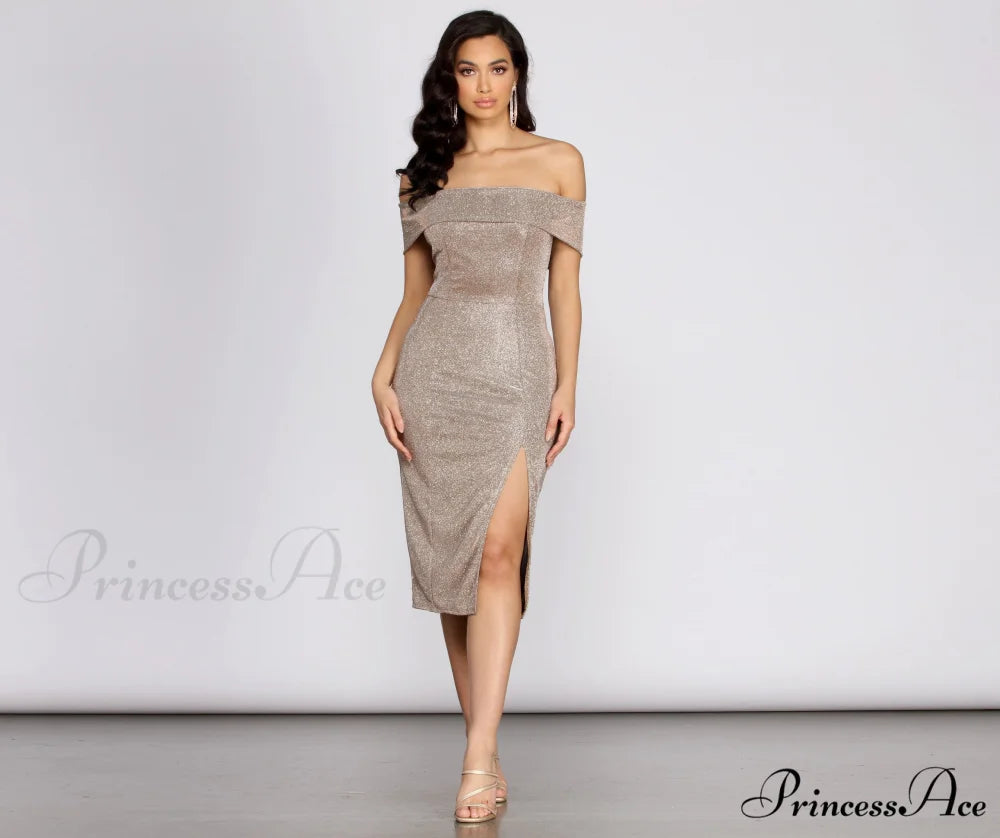 Misty Off Stylish Shoulder Glitter Dress TAUPE / S