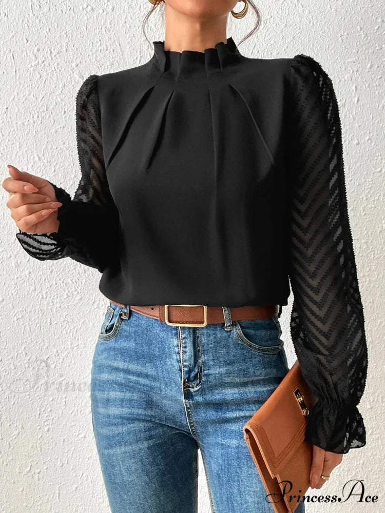 Mock Flounce Blouse Sheer with Arm Neck Black / S