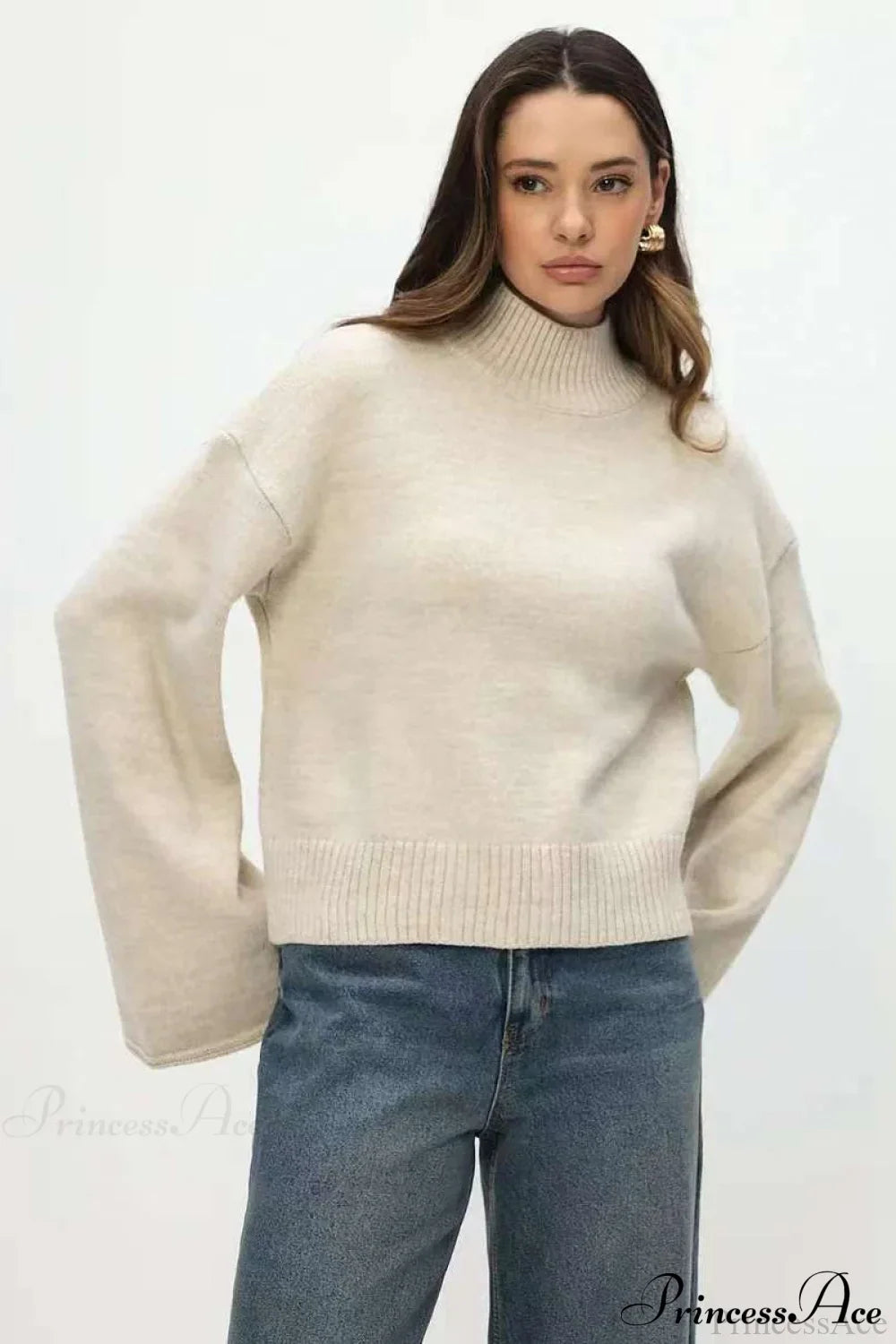 Mock Neck Bell-Sleeve Loose Short Sweater Flower Rice / S