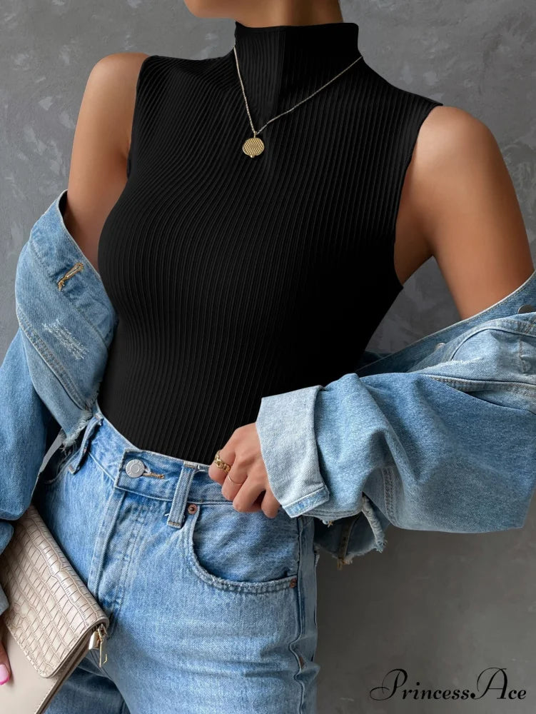 Mock Neck Ribbed Knit Tank Top Black / XS