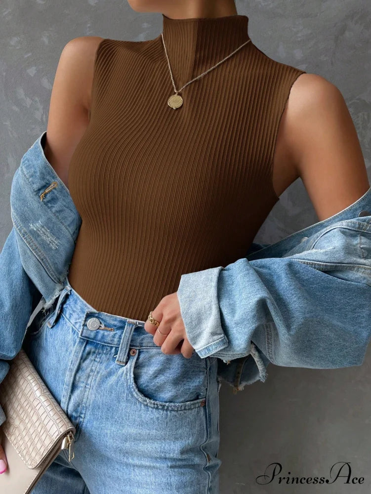 Mock Neck Ribbed Knit Tank Top Brown / XS