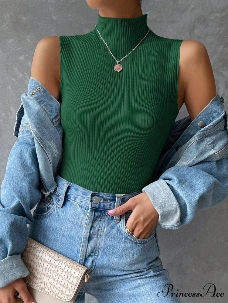 Mock Neck Ribbed Knit Tank Top Dark Green / XS