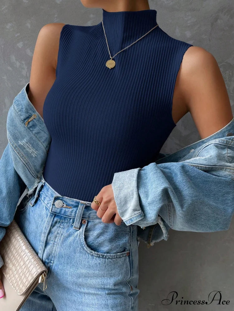 Mock Neck Ribbed Knit Tank Top Navy Blue / XS