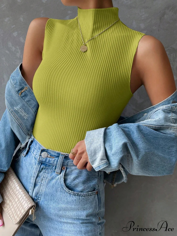 Mock Neck Ribbed Knit Tank Top Olive Green / XS