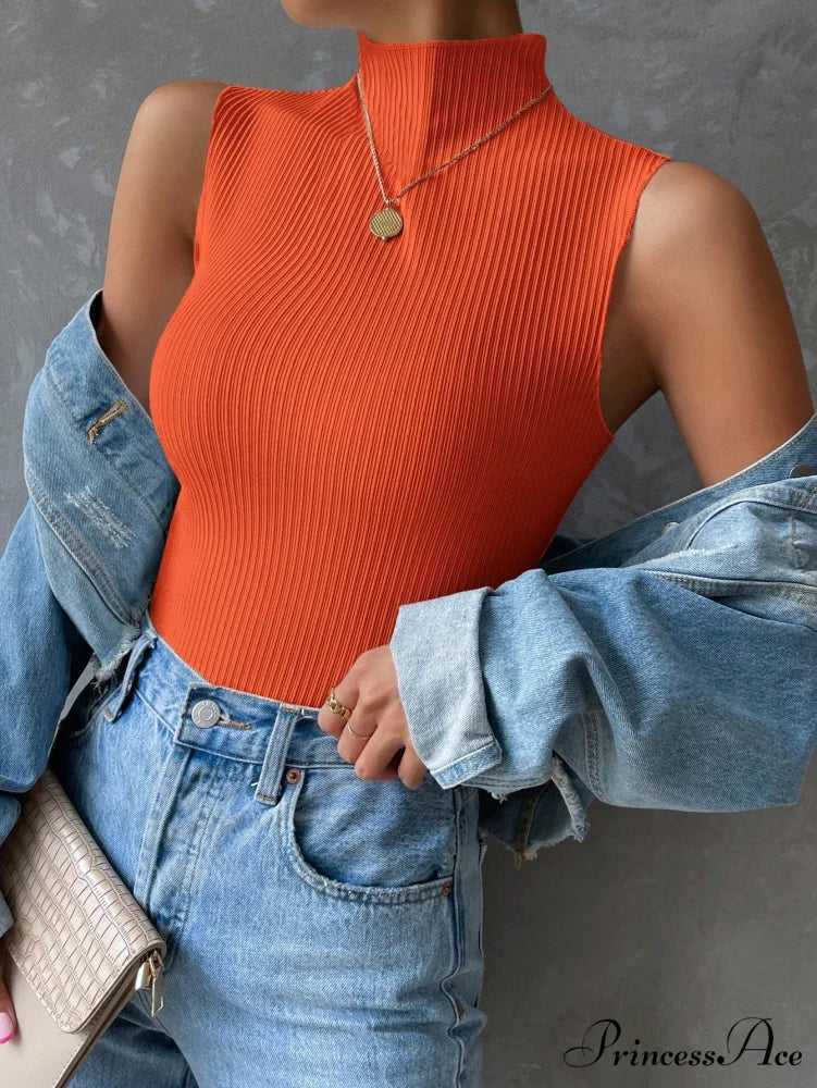 Mock Neck Ribbed Knit Tank Top Orange / XS