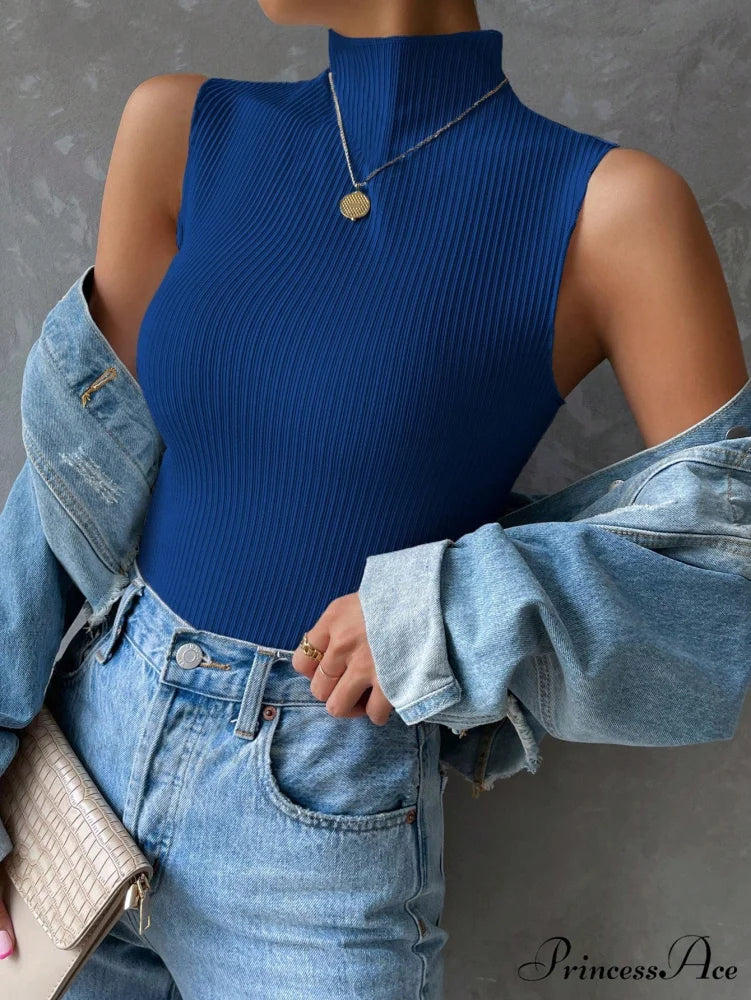 Mock Neck Ribbed Knit Tank Top Teal Blue / XS