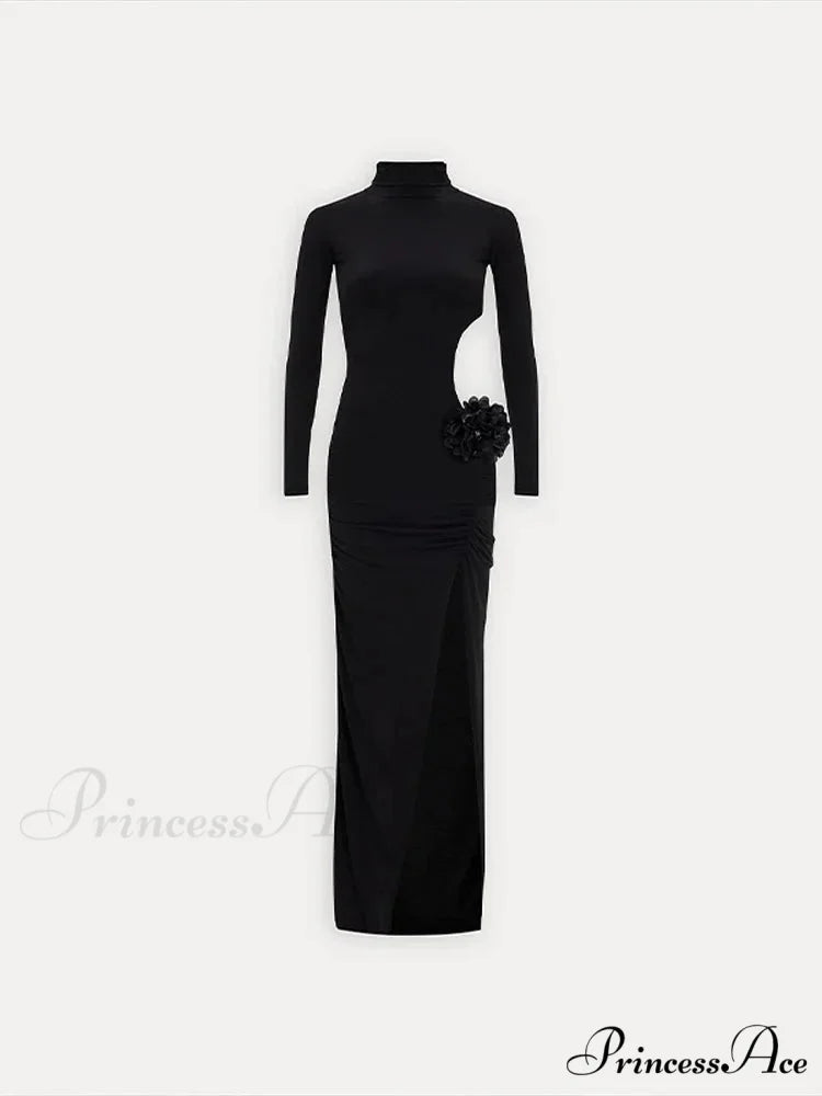 Mock Turtleneck Solid Long Sleeve Party Dress Black / S