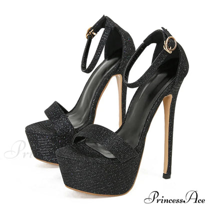 Model Catwalk Sequined Platform Sandals - Open Toe Party Nachtclub Stripper Heels Pole Dance Shoes - Size 34-46 Black