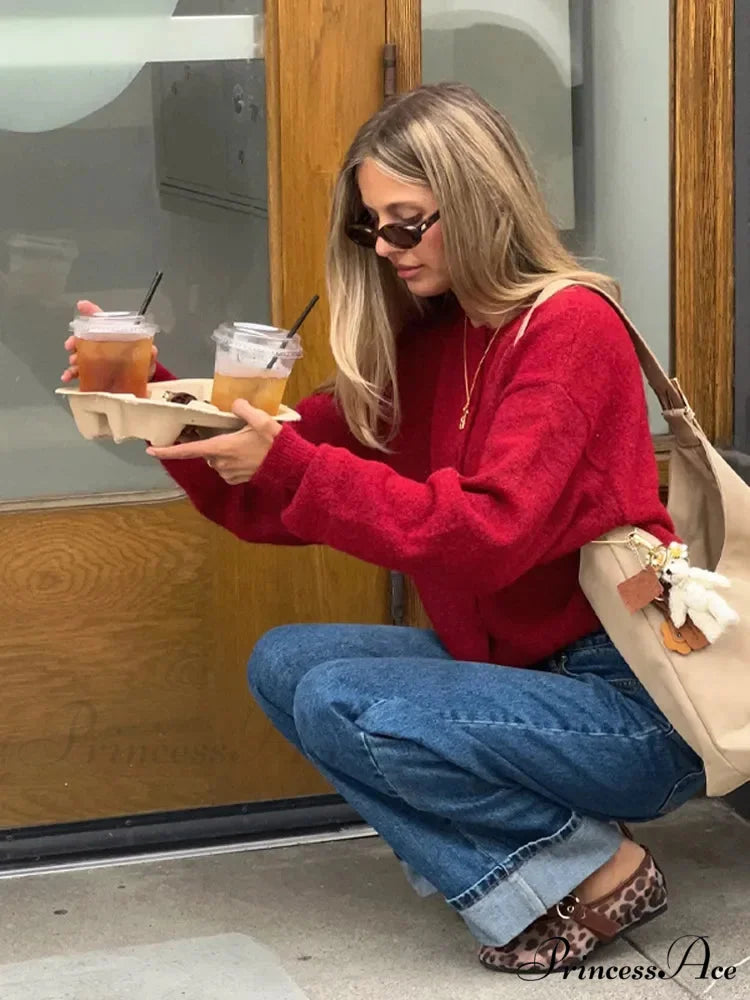 Mohair Loose Red Christmas O-neck Cardigan Red / S