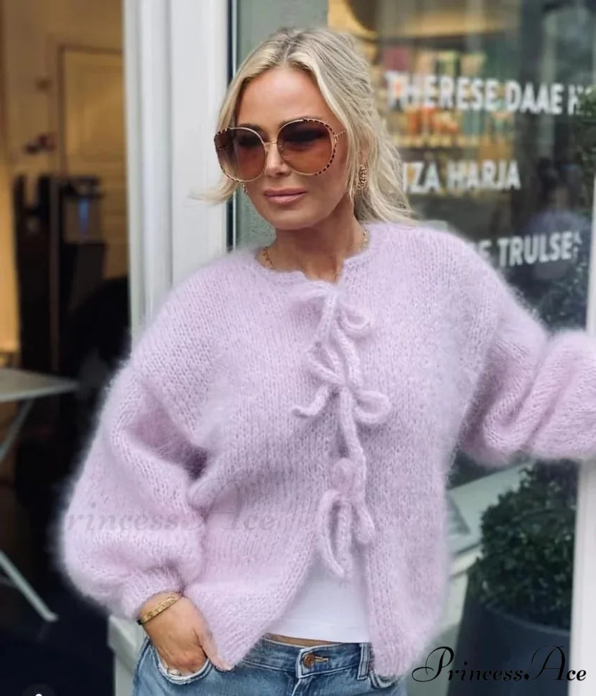 Mohair Soft Zip Tie Ivory Cardigan Lavender / S