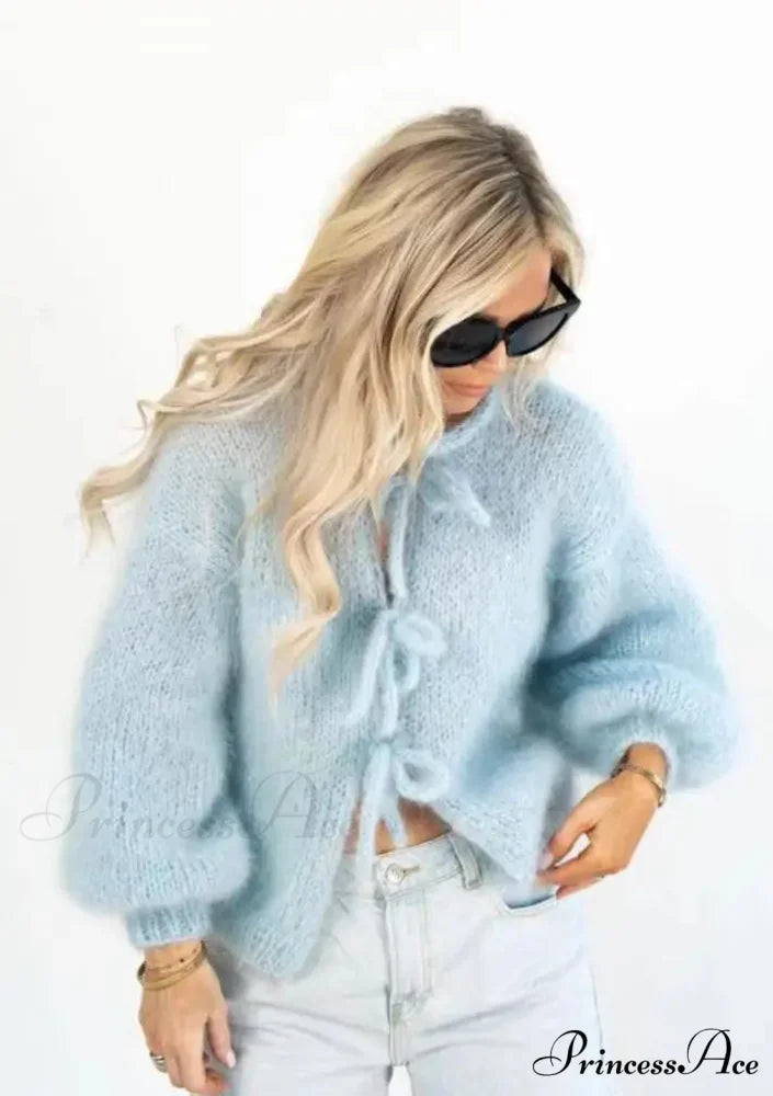 Mohair Soft Zip Tie Ivory Cardigan SKY BLUE / S