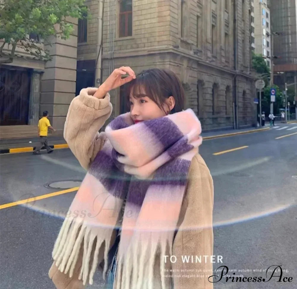 Mohair Winter Scarf - Solid Color Thickened Wool Fringed A style purple