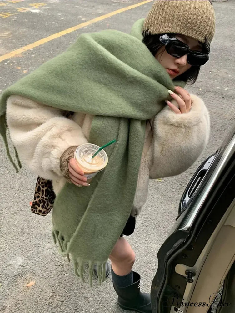 Mohair Winter Scarf - Solid Color Thickened Wool Fringed army green