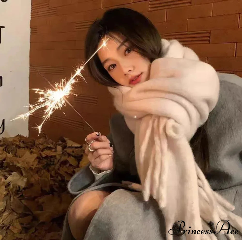 Mohair Winter Scarf - Solid Color Thickened Wool Fringed Solid color beige