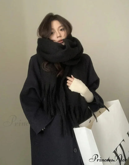Mohair Winter Scarf - Solid Color Thickened Wool Fringed Solid color black