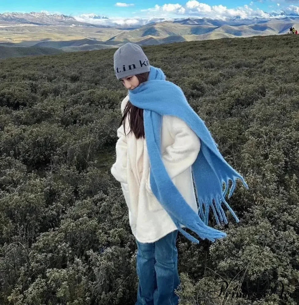 Mohair Winter Scarf - Solid Color Thickened Wool Fringed Solid color blue