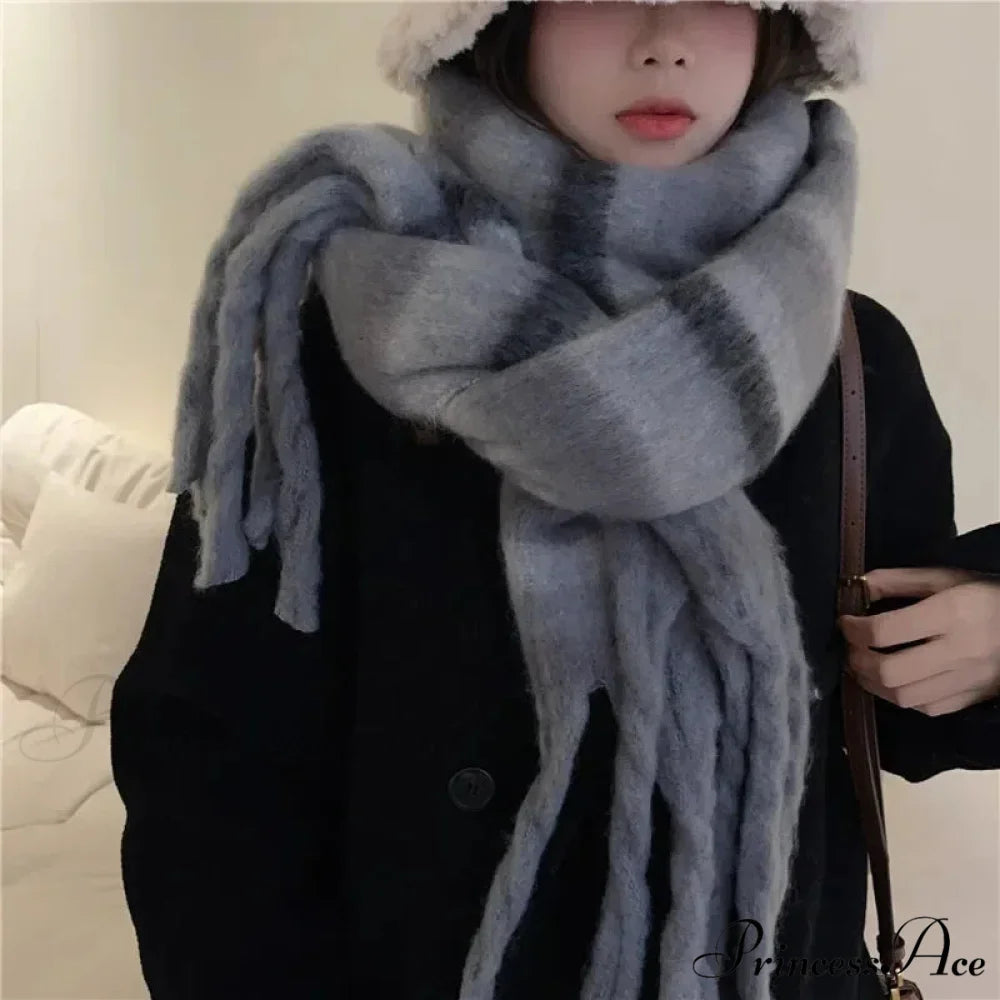 Mohair Winter Scarf - Solid Color Thickened Wool Fringed C style gray black