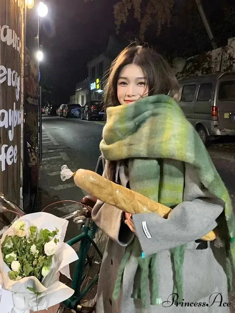 Mohair Winter Scarf - Solid Color Thickened Wool Fringed C style green