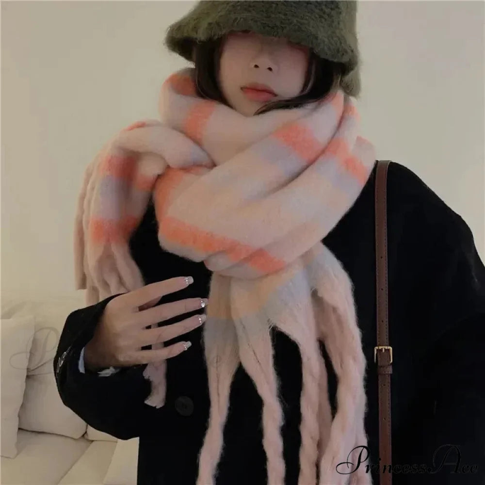 Mohair Winter Scarf - Solid Color Thickened Wool Fringed C style pink