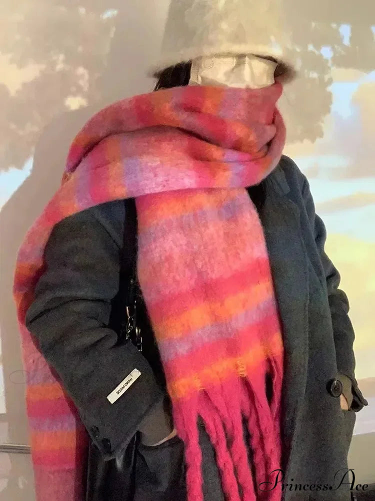 Mohair Winter Scarf - Solid Color Thickened Wool Fringed C style rose red