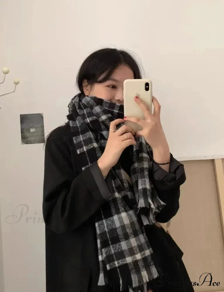 Mohair Winter Scarf - Solid Color Thickened Wool Fringed Couple plaid black