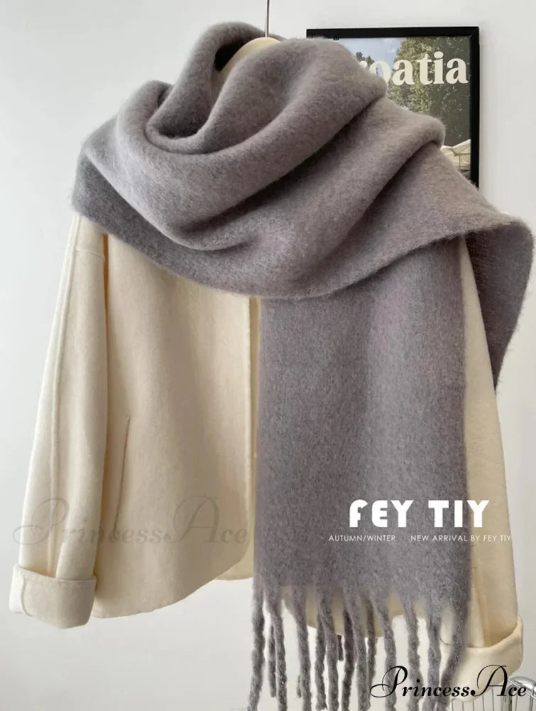 Mohair Winter Scarf - Solid Color Thickened Wool Fringed Dark gray
