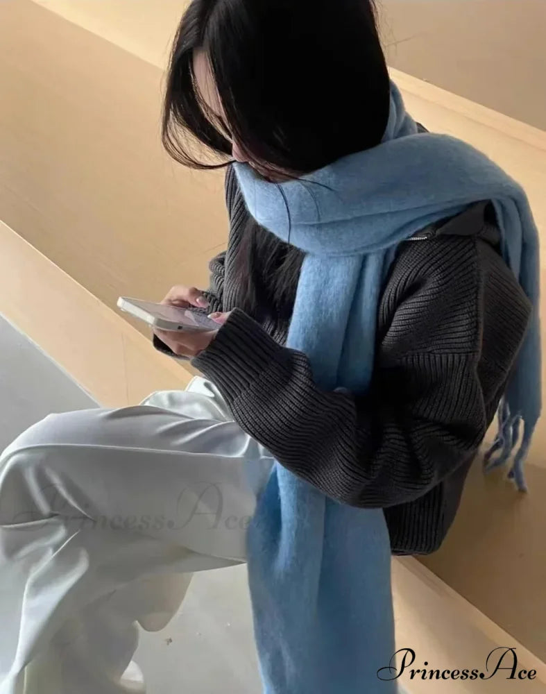 Mohair Winter Scarf - Solid Color Thickened Wool Fringed denim blue