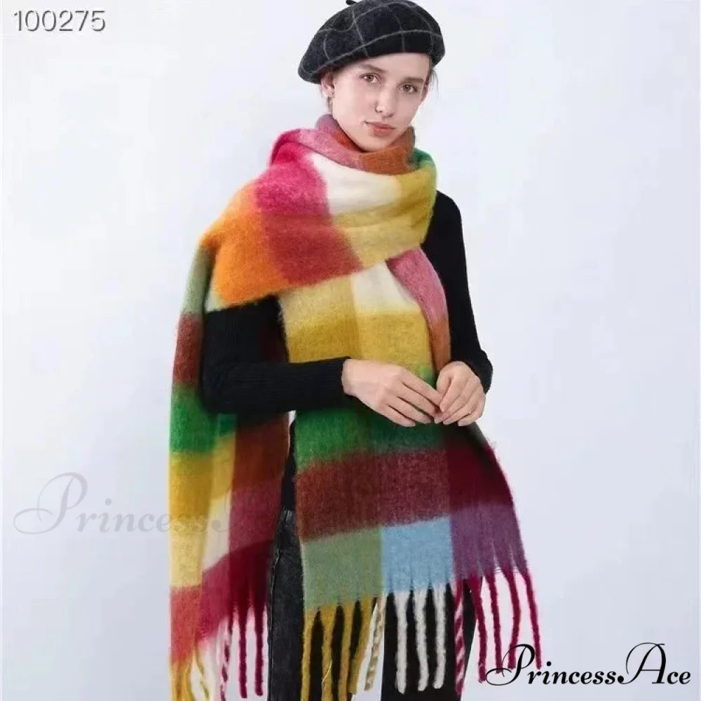 Mohair Winter Scarf - Solid Color Thickened Wool Fringed Color grid