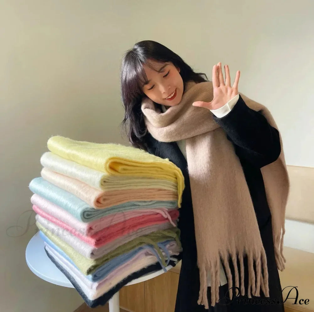 Mohair Winter Scarf - Solid Color Thickened Wool Fringed Solid color khaki