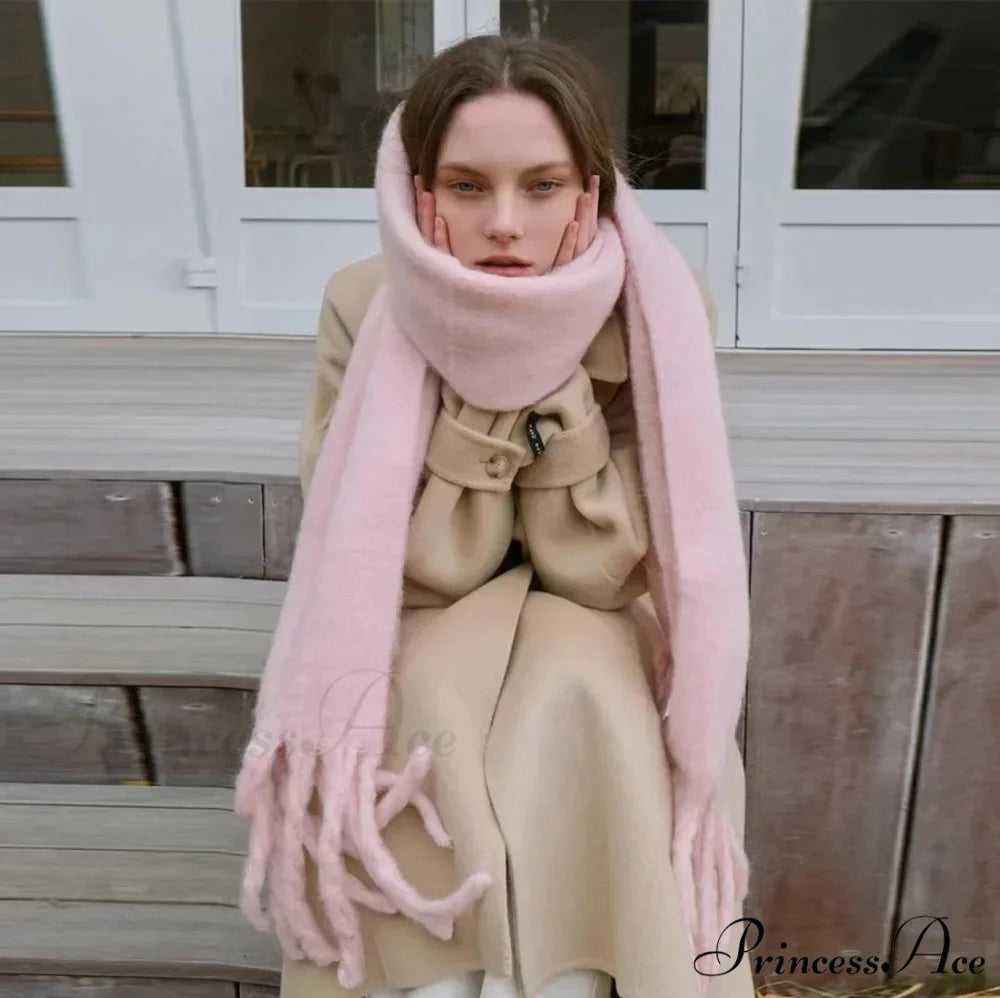 Mohair Winter Scarf - Solid Color Thickened Wool Fringed Solid color pink1