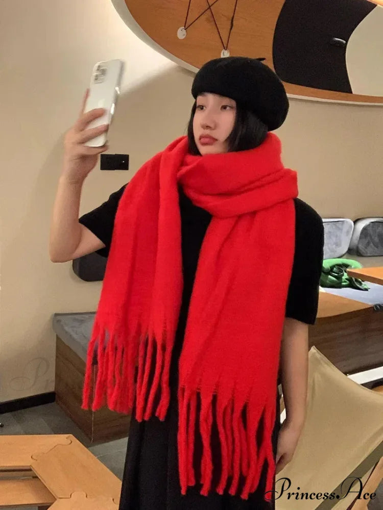 Mohair Winter Scarf - Solid Color Thickened Wool Fringed Red