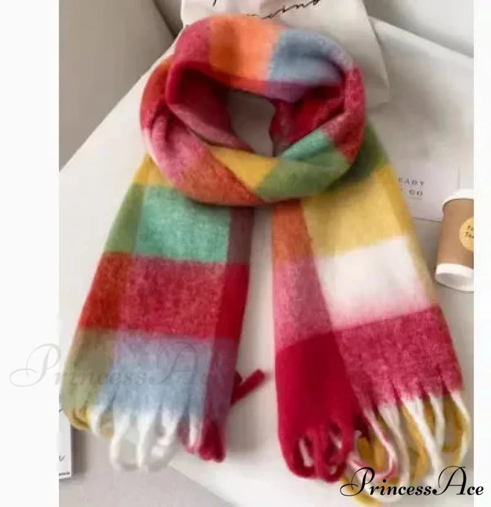 Mohair Winter Scarf - Solid Color Thickened Wool Fringed Red grid