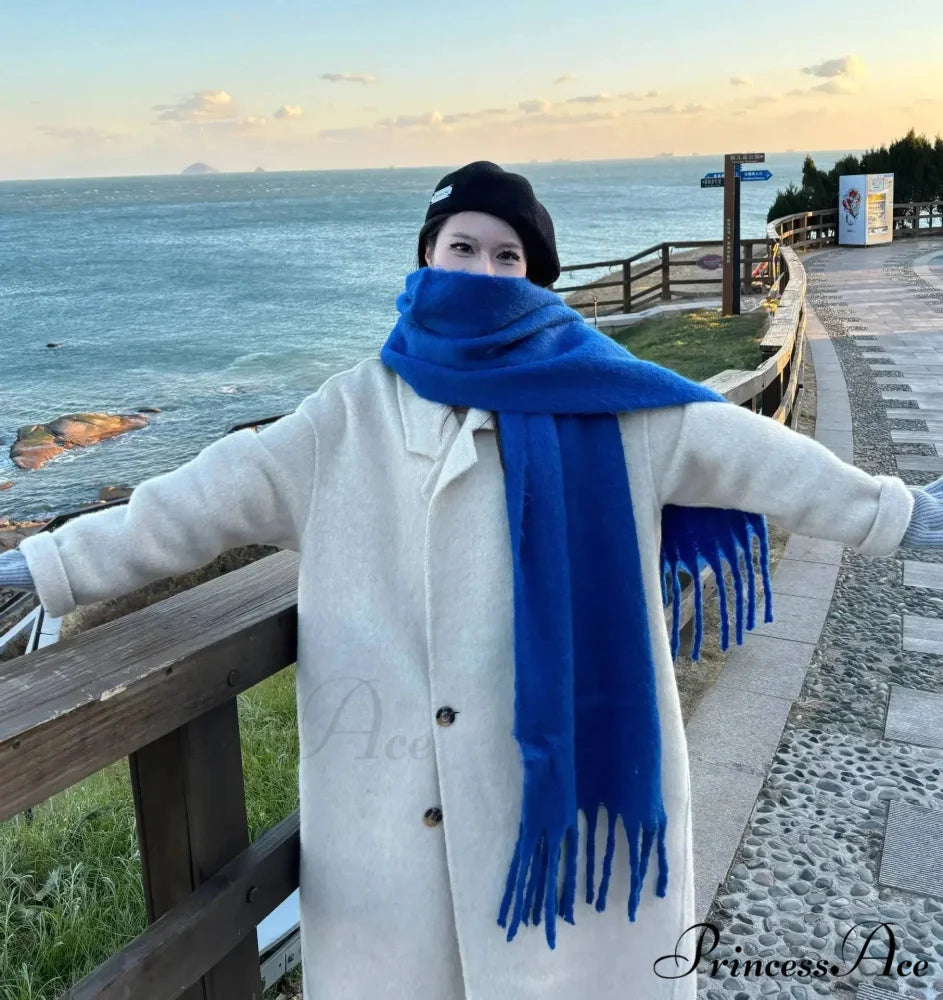 Mohair Winter Scarf - Solid Color Thickened Wool Fringed royal blue