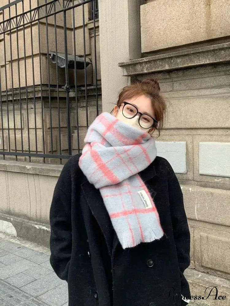 Mohair Winter Scarf - Solid Color Thickened Wool Fringed Style B gray pink.