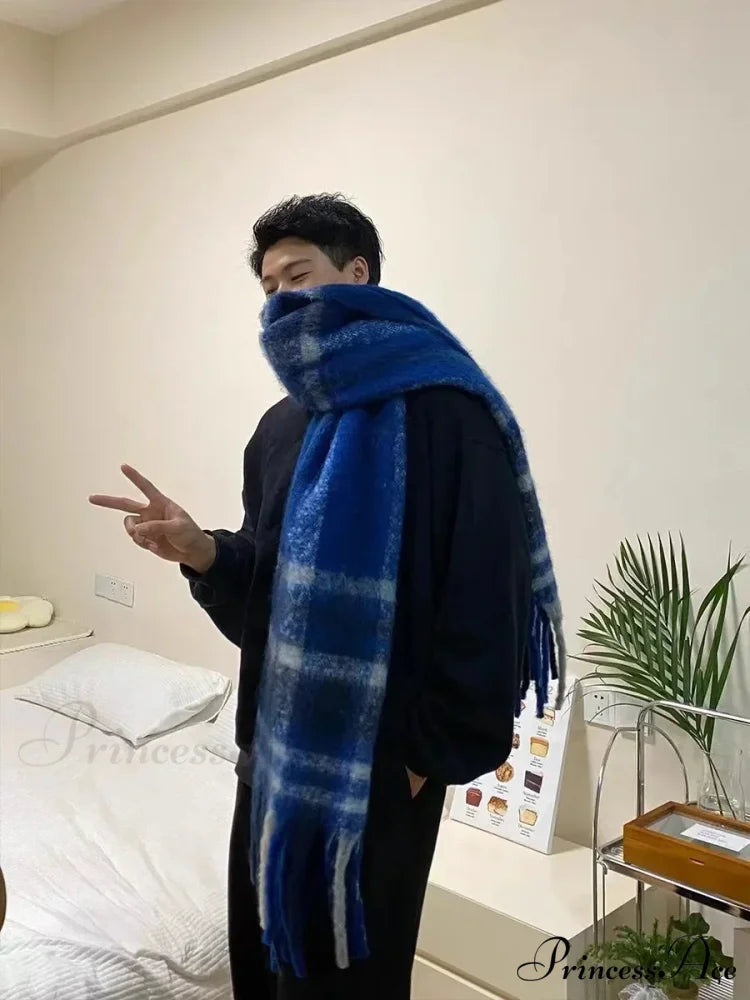 Mohair Winter Scarf - Solid Color Thickened Wool Fringed Type F blue