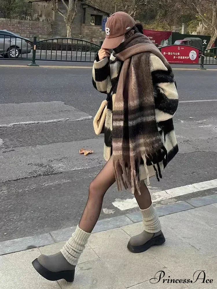 Mohair Winter Scarf - Solid Color Thickened Wool Fringed Type F coffee color