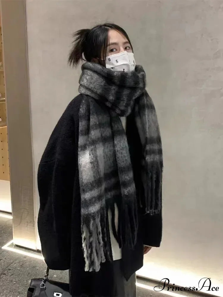 Mohair Winter Scarf - Solid Color Thickened Wool Fringed Type F Gray Black